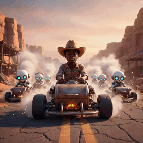 A Man In A Cowboy Hat Is Driving A Go Kart With Robots Behind Him GIF