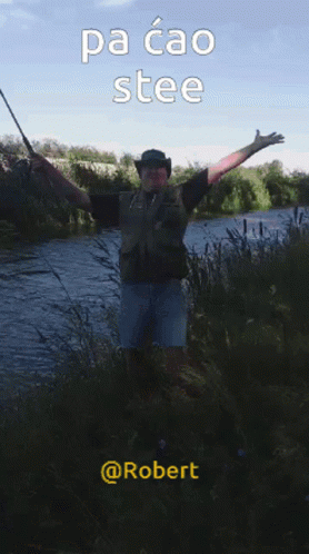 a man in a cowboy hat is holding a fishing rod in front of a river with the caption pa cao stee