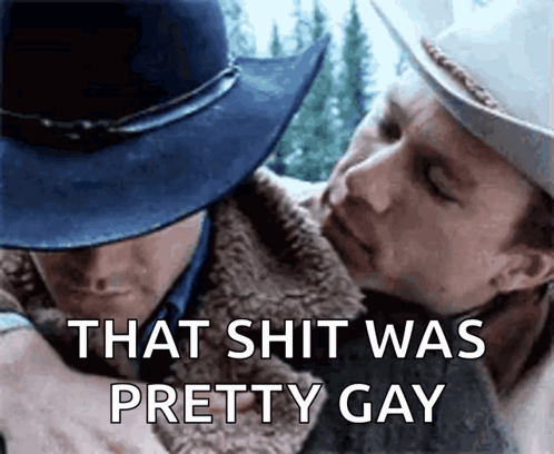 A Man In A Cowboy Hat Is Hugging Another Man With The Caption That Shit Was Pretty Gay . GIF