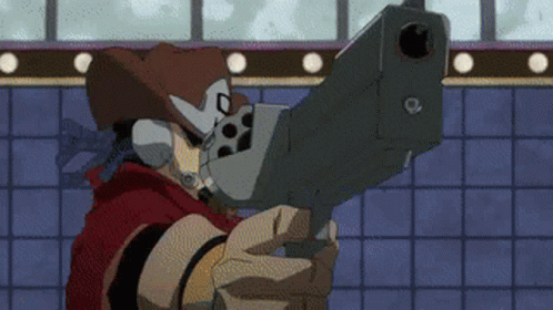 A Man In A Cowboy Hat Is Pointing A Gun At Someone . GIF