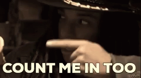 A Man In A Cowboy Hat Is Pointing At The Camera With The Words Count Me In Too Behind Him GIF