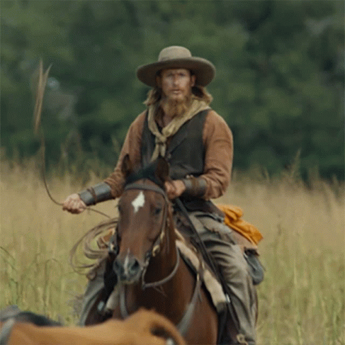 A Man In A Cowboy Hat Is Riding A Brown Horse GIF