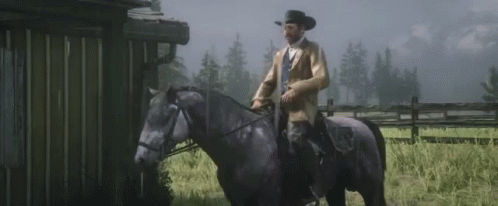 A Man In A Cowboy Hat Is Riding On The Back Of A Horse In A Field . GIF