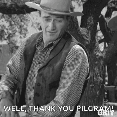A Man In A Cowboy Hat Is Standing Next To A Tree And Says `` Well , Thank You Pilgrim '' . GIF