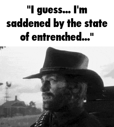A Man In A Cowboy Hat Says " I Guess I 'M Saddened By The State Of Entrenched " GIF