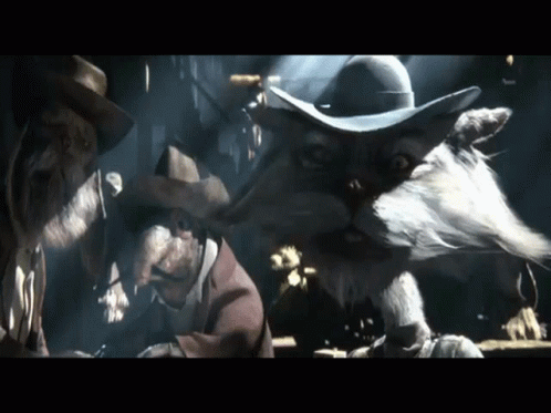 A Man In A Cowboy Hat Stands Next To A Cat With A Beard GIF