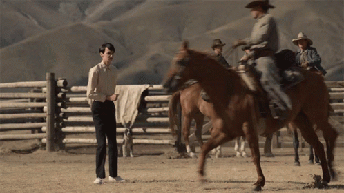 A Man In A Cowboy Hat Stands Next To A Horse GIF