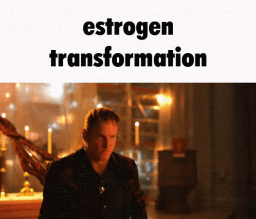 A Man In A Dark Room With The Words Estrogen Transformation Written Above Him GIF