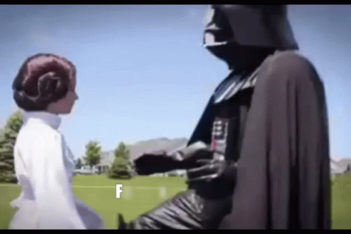 A Man In A Darth Vader Costume Is Standing Next To A Woman In A White Dress In A Field . GIF