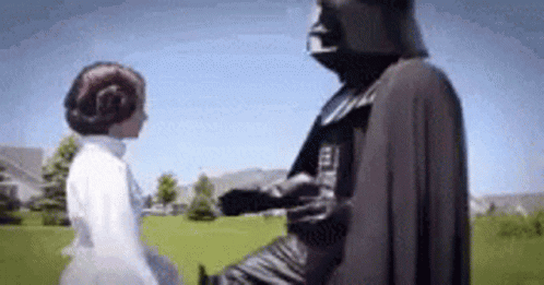A Man In A Darth Vader Costume Is Standing Next To A Woman In A White Dress In A Field . GIF