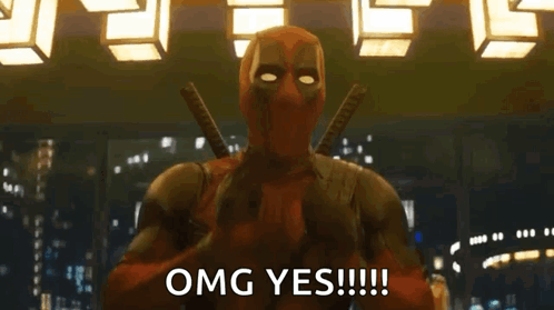 A Man In A Deadpool Costume Is Saying " Omg Yes " GIF