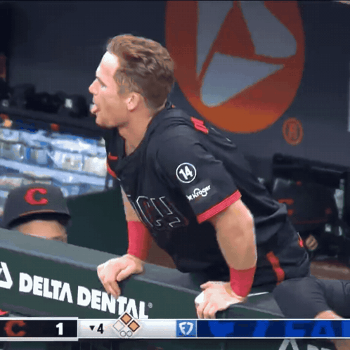 A Man In A Delta Dental Jersey Leans Over A Dugout Wall GIF