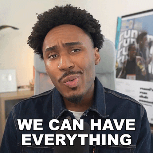 a man in a denim jacket has the words we can have everything written on his face