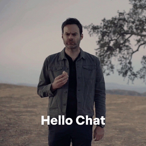 Man In Denim Jacket Holding Food In Front Of Hello Chat GIF