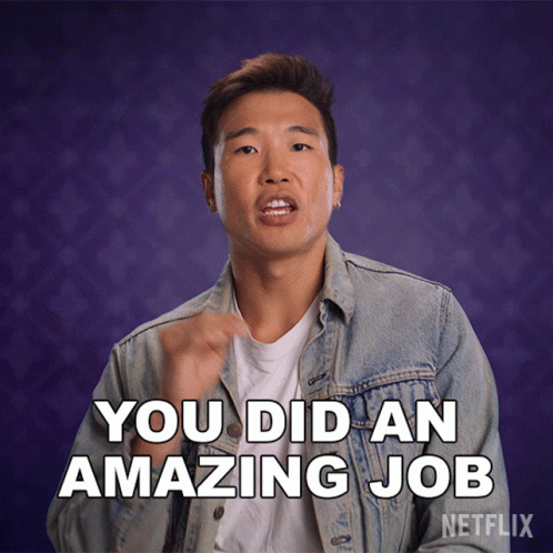 A Man In A Denim Jacket Says You Did An Amazing Job On A Purple Background GIF