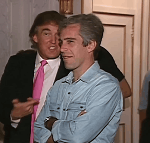 A Man In A Denim Shirt Is Standing Next To A Man In A Pink Tie GIF