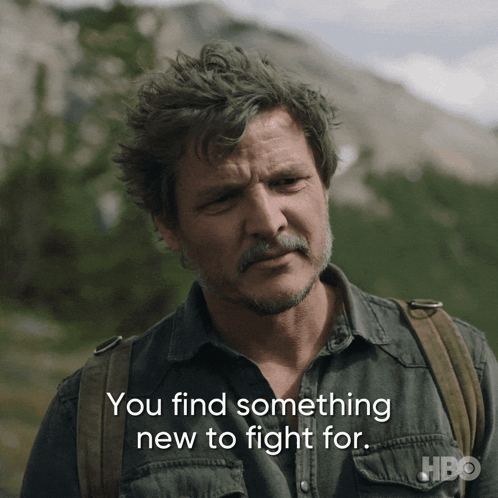 A Man In A Denim Shirt With A Backpack Says You Find Something New To Fight For GIF