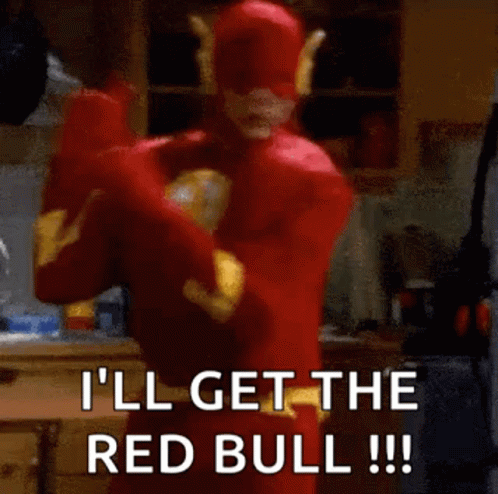 A Man In A Flash Costume Is Saying `` I 'Ll Get The Red Bull !!! '' . GIF