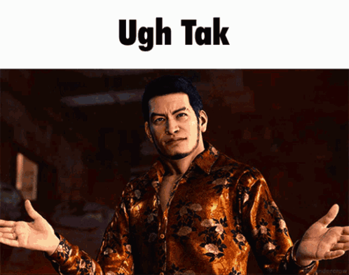 A Man In A Floral Shirt With The Words Ugh Tak On The Top GIF