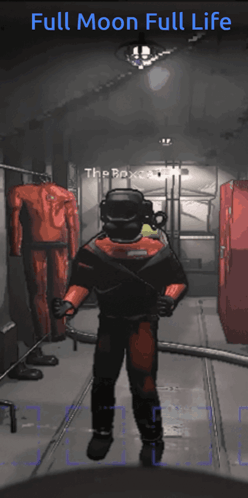 A Man In A Full Moon Full Life Suit Is Standing In A Room GIF