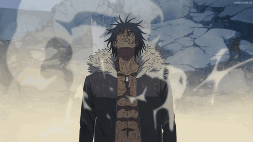 A Man In A Fur Coat Is Standing In Front Of A Wall That Says Animelist.tv On The Bottom GIF
