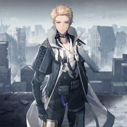 A Man In A Futuristic Outfit Is Standing In Front Of A City With Buildings In The Background GIF