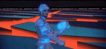 Man In Futuristic Suit Holding Blue Object In Maze GIF