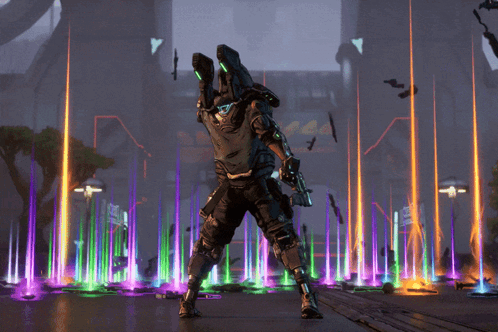 A Man In A Futuristic Suit Is Standing In Front Of A Colorful Fountain GIF