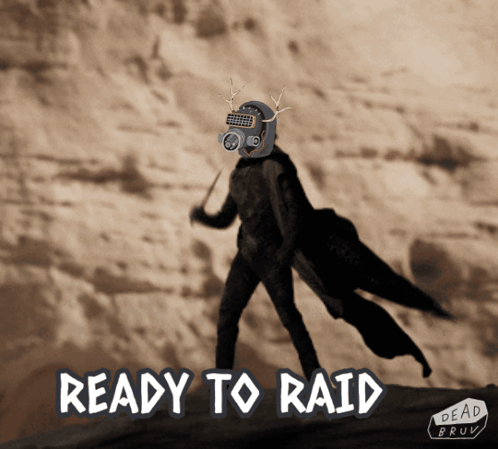 A Man In A Gas Mask Holding A Wand And The Words Ready To Raid GIF