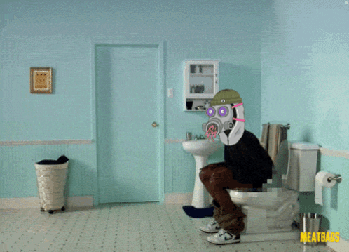 A Man In A Gas Mask Is Jumping Over A Toilet In A Bathroom That Says Meatbag GIF