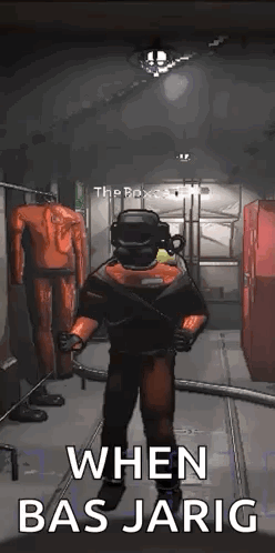 A Man In A Gas Mask Is Standing In A Room In A Video Game And Says `` When Bas Jarig '' . GIF