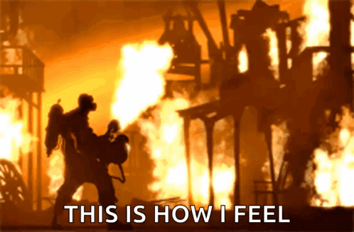 a man in a gas mask stands in front of a fire with the words " this is how i feel "