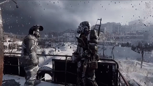 Men In Gas Masks Standing Next To Each Other GIF