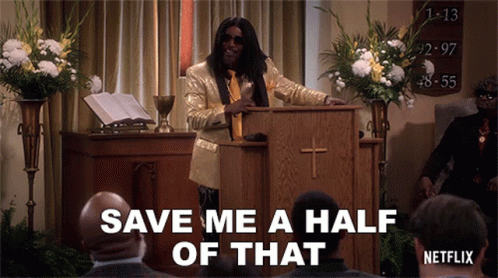 A Man In A Gold Suit Stands At A Podium With The Words Save Me A Half Of That GIF