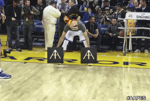 A Man In A Gorilla Mask Stands On A Basketball Court With A Sign That Says A On It GIF