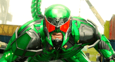 A Man In A Green And Black Superhero Costume With Red Eyes GIF