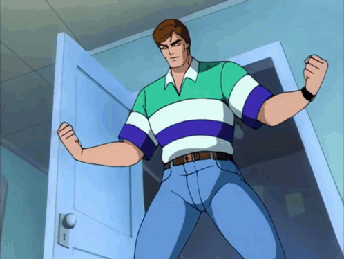A Man In A Green And Purple Striped Shirt Is Standing In Front Of A Door GIF