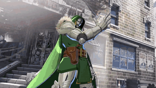 A Man In A Green Cape Is Standing In Front Of A Brick Building With A Sign That Says ' Wanted ' GIF