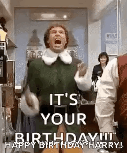 A Man In A Green Elf Costume Is Screaming And Saying `` It 'S Your Birthday ! `` GIF