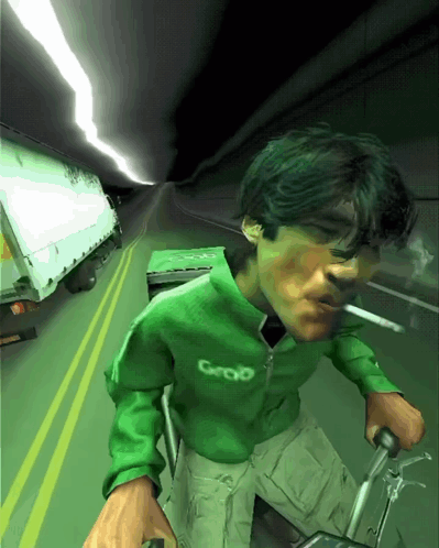 A Man In A Green Groo Jacket Is Smoking A Cigarette While Riding A Bike GIF