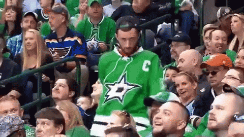 A Man In A Green Jersey With The Letter C On It Is Standing In The Stands . GIF