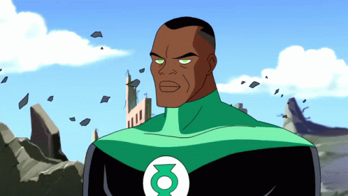 A Man In A Green Lantern Costume Stands In Front Of A Building GIF