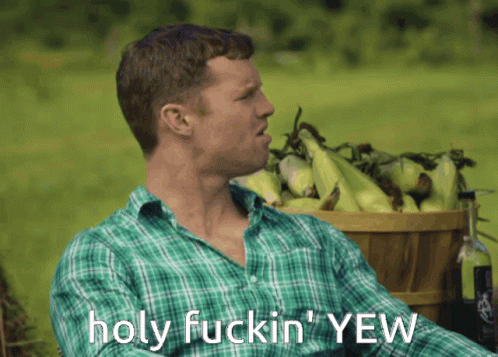 A Man In A Green Plaid Shirt Is Saying Holy Fuckin ' Yeah GIF