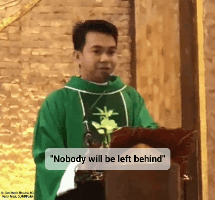 A Man In A Green Robe Stands At A Podium With The Words " Nobody Will Be Left Behind " Below Him GIF