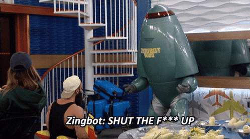 a man in a green robot costume says zingbot shut the f *** up