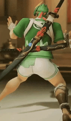 A Man In A Green Shirt And Shorts Is Holding A Sword . GIF