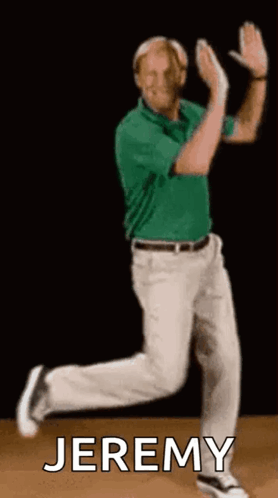 Man In Green Shirt And White Pants Dancing Jeremy GIF