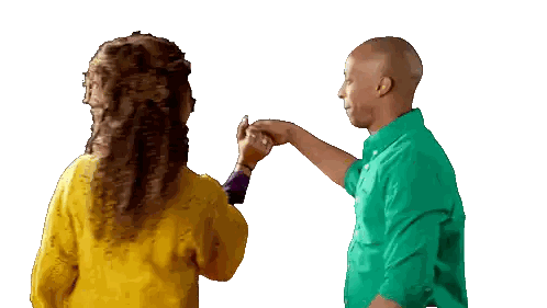 a man in a green shirt holds a woman 's hand in front of a white background
