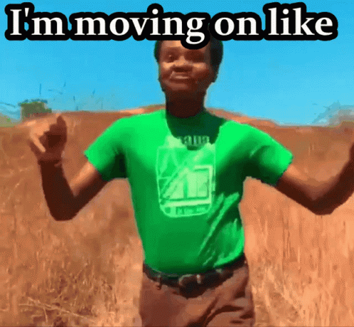 A Man In A Green Shirt Is Dancing In A Field With The Words " I 'M Moving On Like " Above Him GIF