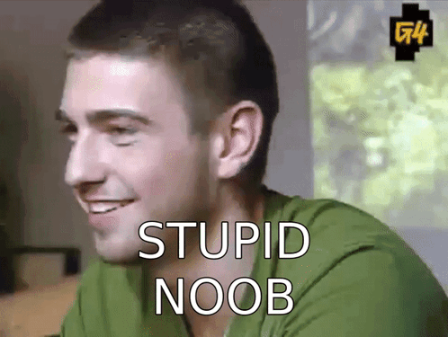 A Man In A Green Shirt Is Smiling With The Words Stupid Noob Below Him GIF